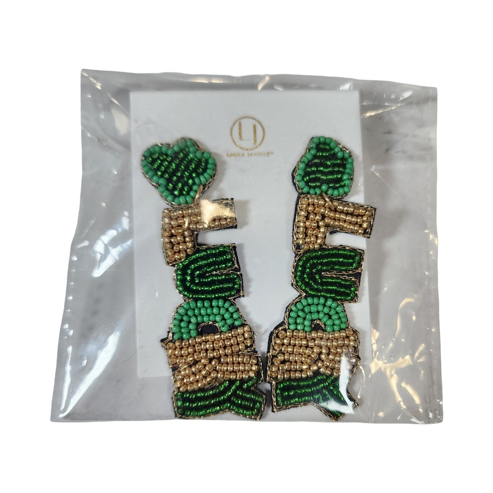 Laura Janelle Lucky Beaded Drop Earrings Green Gold St Patricks Day Statement